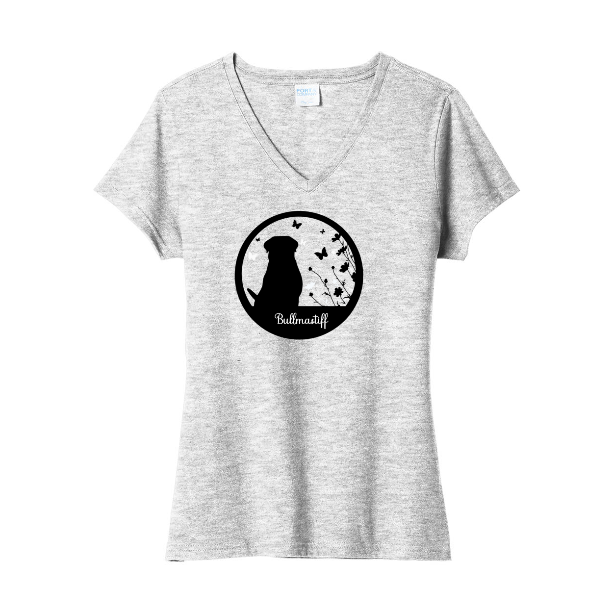Bullmastiff Flowers V-Neck Ladies SS Tee - WagALotBowWow