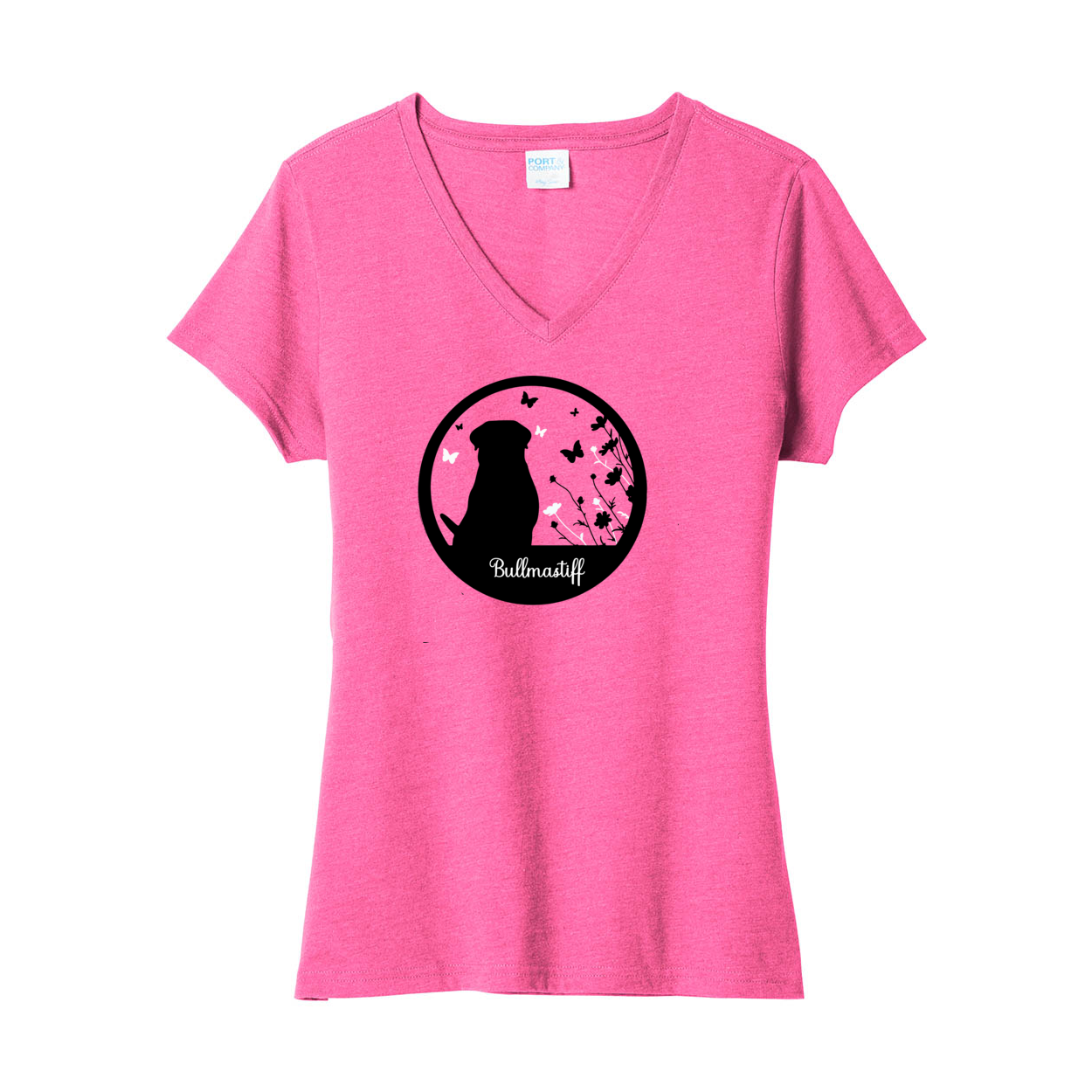 Bullmastiff Flowers V-Neck Ladies SS Tee - WagALotBowWow