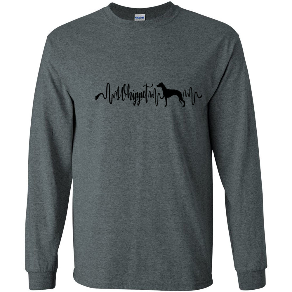 Whippet Heartbeat Black Unisex Long Sleeve T-Shirt - WagALotBowWow
