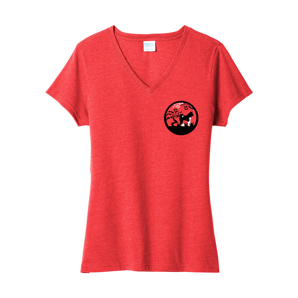 Akita Tree Right corner Ladies V-Neck - WagALotBowWow