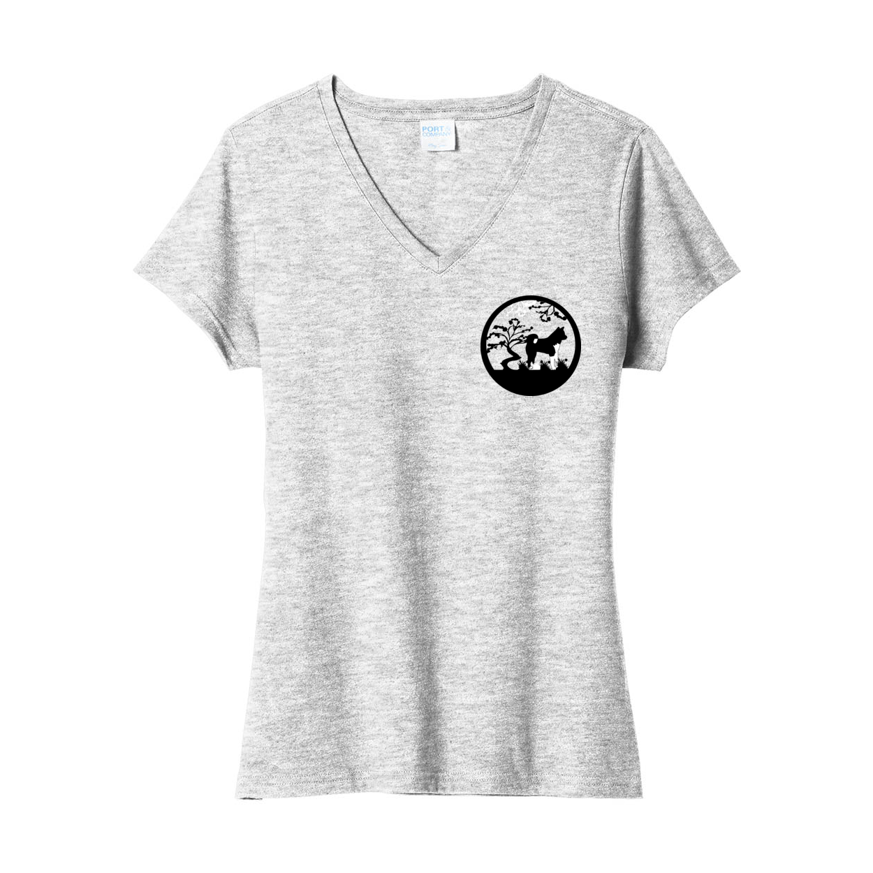 Akita Tree Right corner Ladies V-Neck - WagALotBowWow