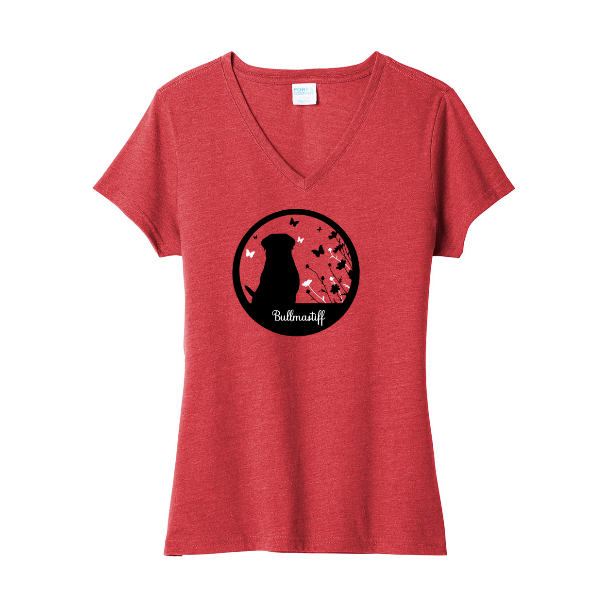 Bullmastiff Flowers V-Neck Ladies SS Tee - WagALotBowWow