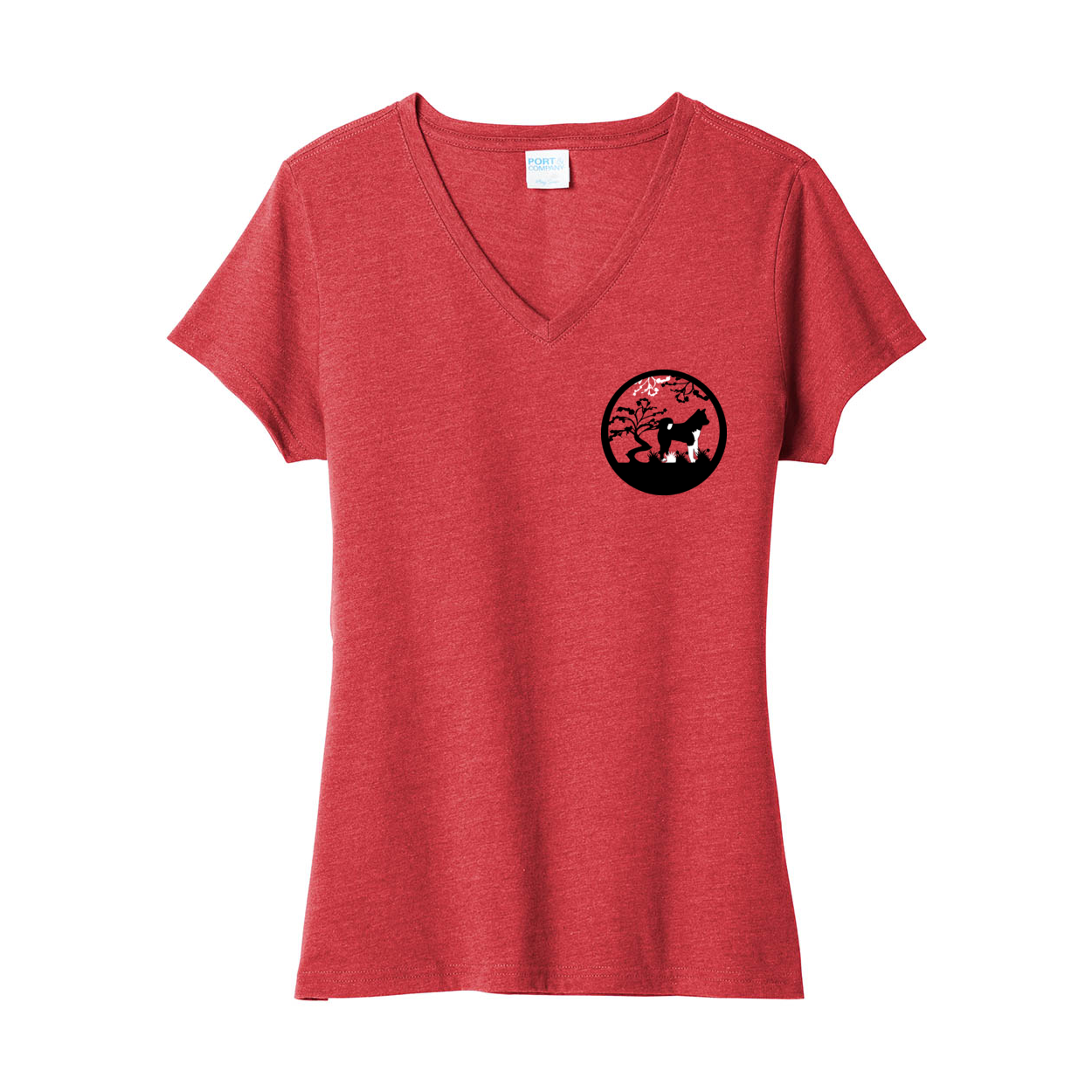 Akita Tree Right corner Ladies V-Neck - WagALotBowWow