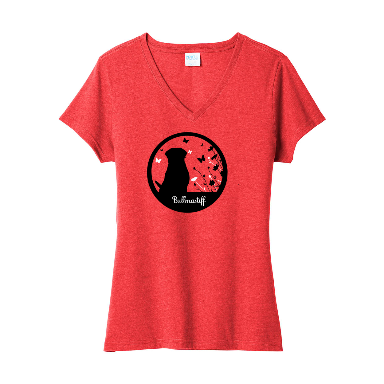 Bullmastiff Flowers V-Neck Ladies SS Tee - WagALotBowWow