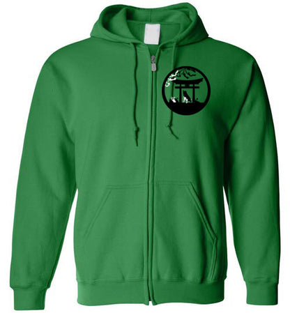 Akita Gate Front Tree Back Gildan Zip Hoodie - WagALotBowWow