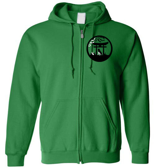 Akita Gate Front Tree Back Gildan Zip Hoodie - WagALotBowWow