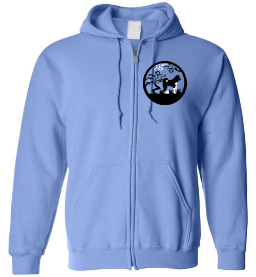 Akita Tree Front Gate Back Gildan Zip Hoodie - WagALotBowWow