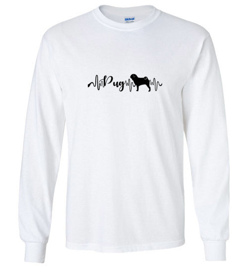 Pug Heartbeat Gildan Unisex Long Sleeve T-Shirt Black - WagALotBowWow