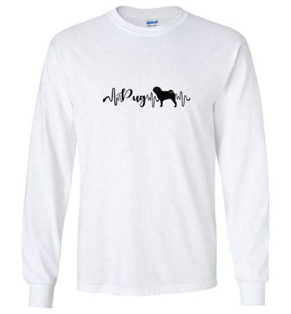 Pug Heartbeat Gildan Unisex Long Sleeve T-Shirt Black - WagALotBowWow