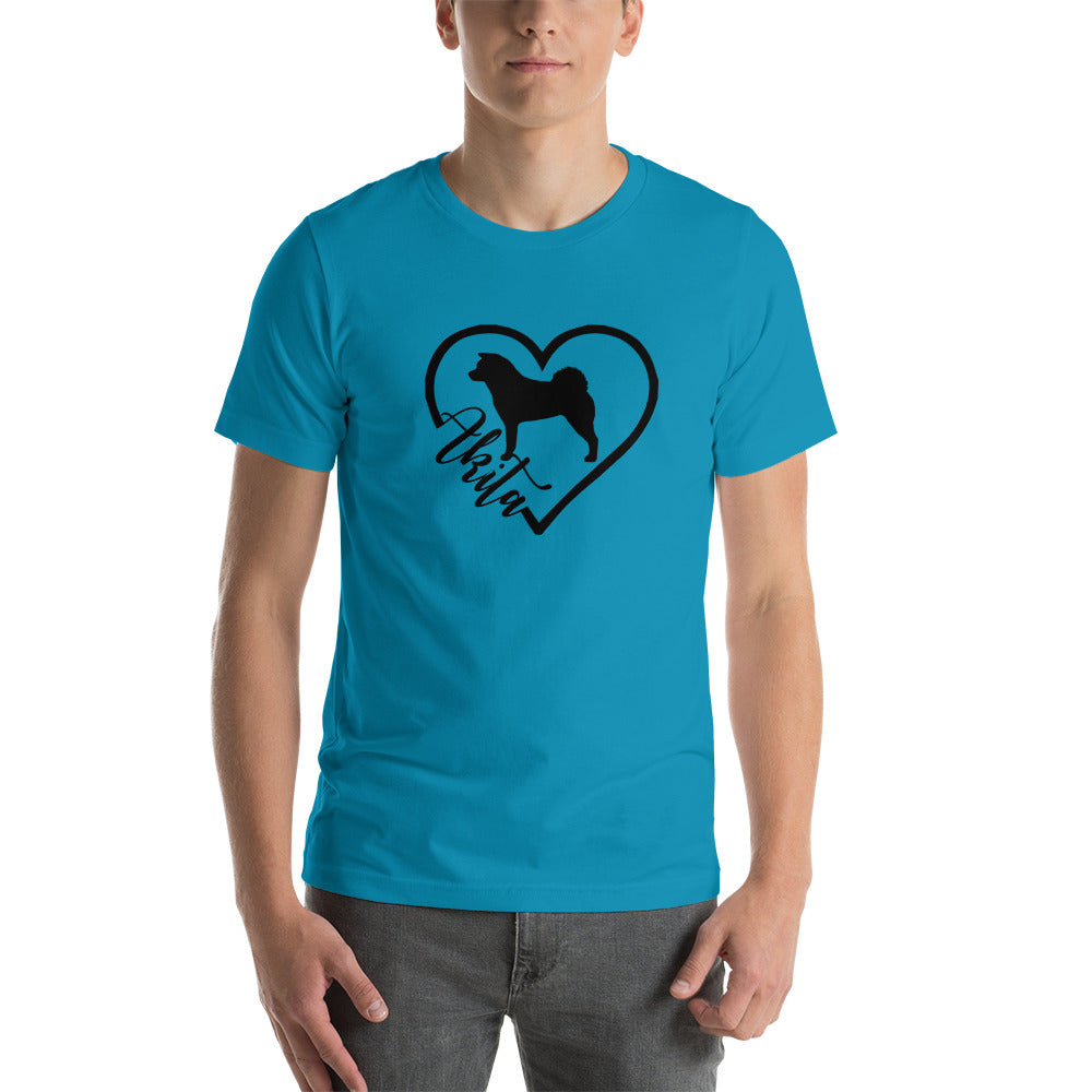 Heart Akita Cursive Font Short-Sleeve Unisex T-Shirt - WagALotBowWow