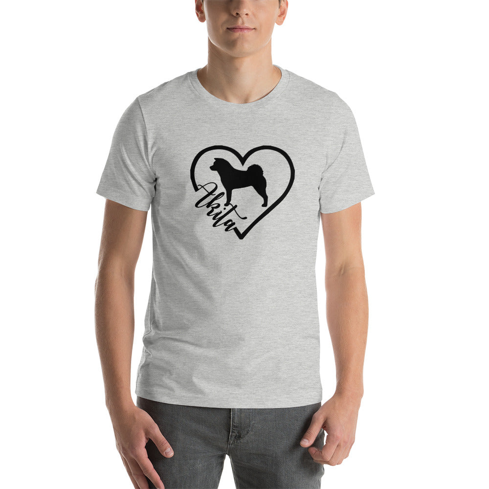 Heart Akita Cursive Font Short-Sleeve Unisex T-Shirt - WagALotBowWow