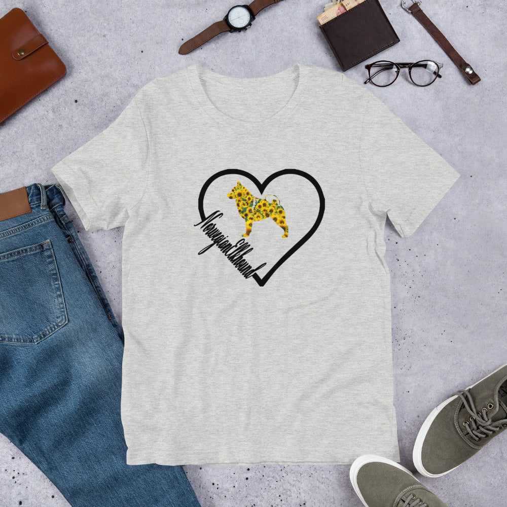 Norwegian Elkhound Heart Sunflower Short-Sleeve Unisex T-Shirt - WagALotBowWow