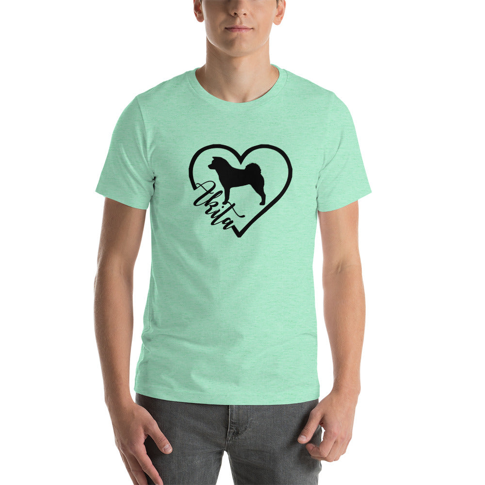 Heart Akita Cursive Font Short-Sleeve Unisex T-Shirt - WagALotBowWow
