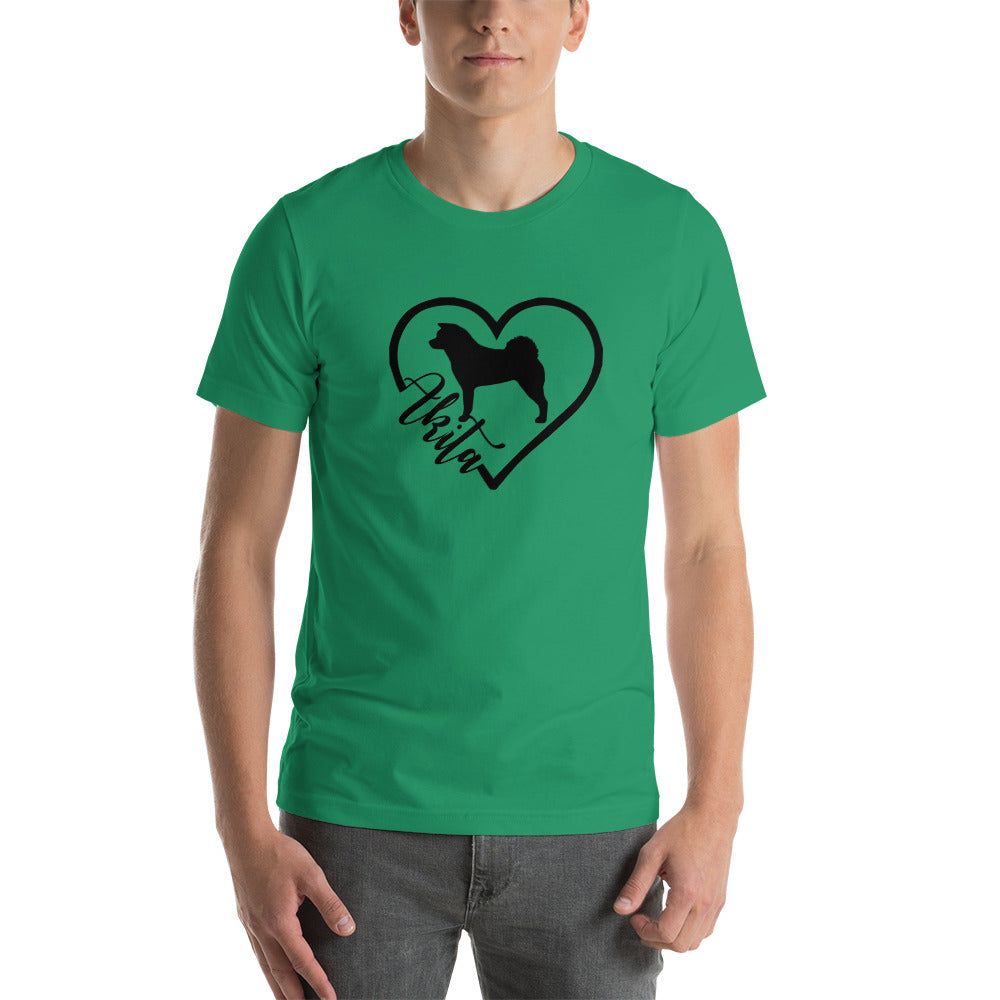 Heart Akita Cursive Font Short-Sleeve Unisex T-Shirt - WagALotBowWow