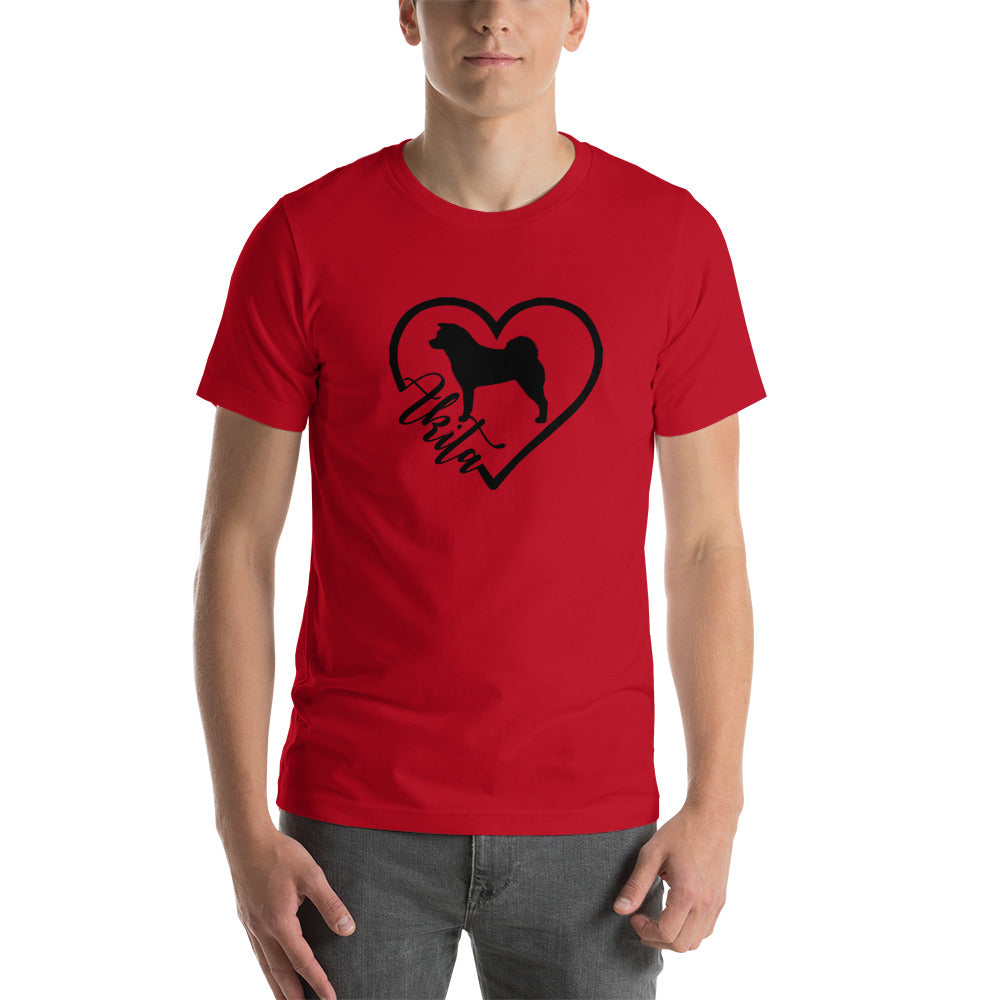 Heart Akita Cursive Font Short-Sleeve Unisex T-Shirt - WagALotBowWow