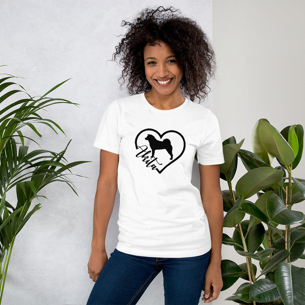 Heart Akita Cursive Font Short-Sleeve Unisex T-Shirt - WagALotBowWow