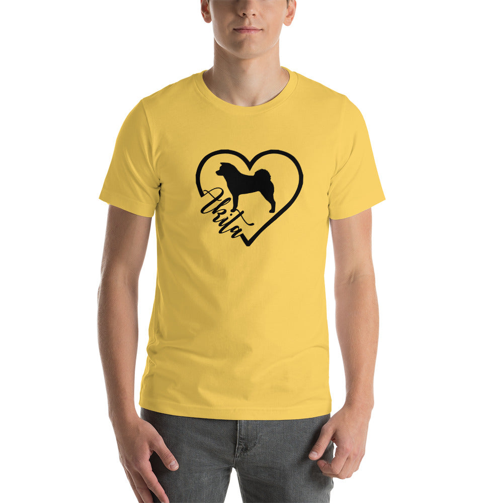 Heart Akita Cursive Font Short-Sleeve Unisex T-Shirt - WagALotBowWow