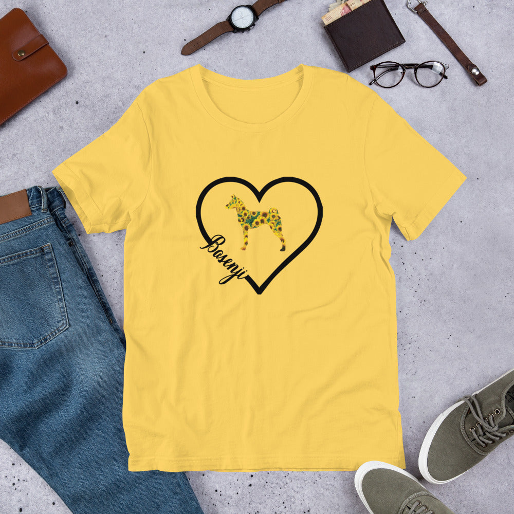 Basenji Heart Sunflower Short-Sleeve Unisex T-Shirt - WagALotBowWow
